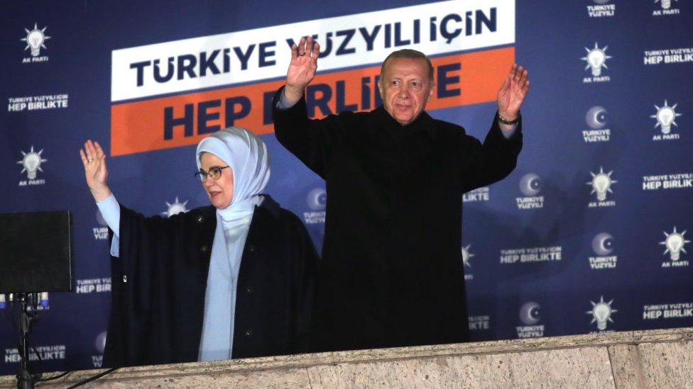 President Recep Tayyip Erdoğan waves to his supporters from a balcony on May 15, 2023 in Ankara