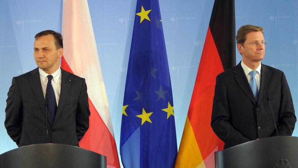 Former Polish Foreign Minister Radoslav Sikorski (left) and former German Foreign Minister Guido Westerwelle in Berlin, 3 Jun 2010