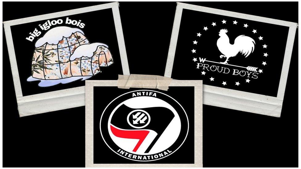 Photo collage of Antifa, Boogaloo Bois and Proud Boys logos