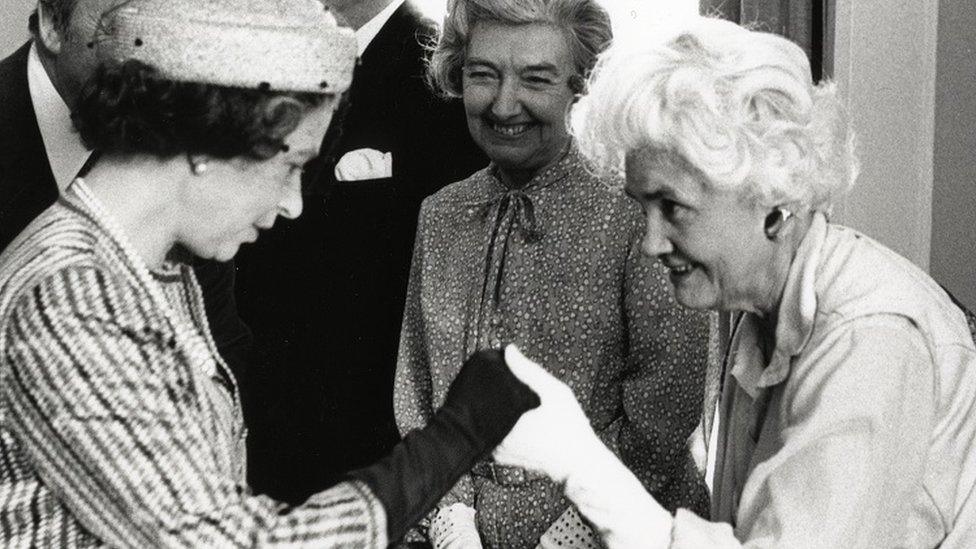 Jennie Lee greeting Her Majesty The Queen at the OU Campus in Milton Keynes in 1979.