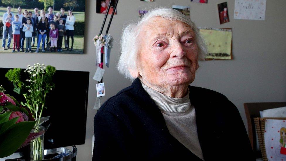 Yvette Lundy poses for a picture at a retirement home in Epernay, northeastern France, on 16 April 2017