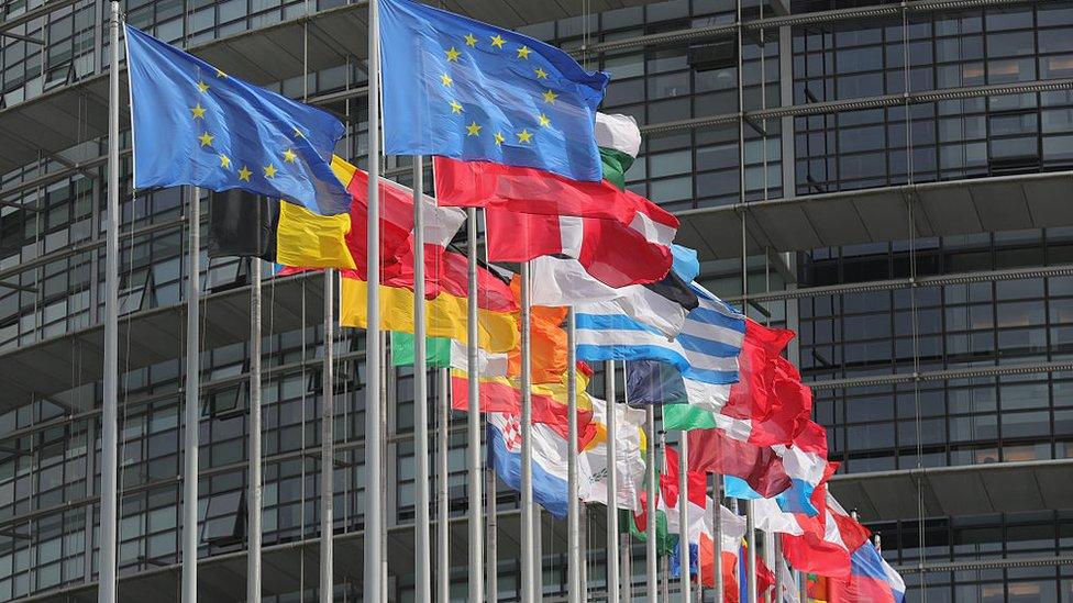 Flags of the European Union fly outside the European Parliament