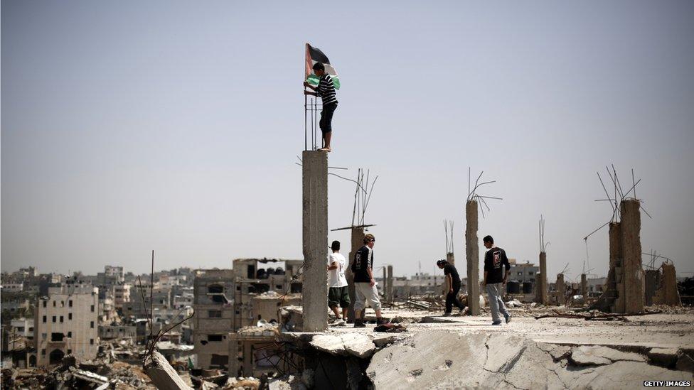 Boys amid Gaza rubble, 2015