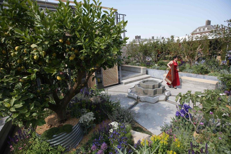 Syrian musician Maya Youssef arrives with her kanun to play in the Lemon Tree Trust Garden, designed by Tom Massey. The design was inspired by the resilience and determination of refugees living in Domiz camp in Northern Iraq