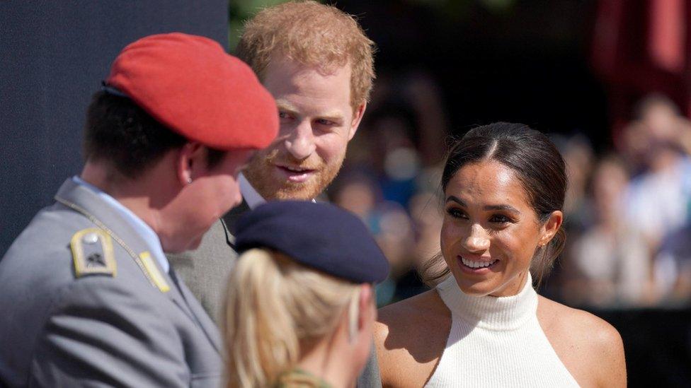 The Duke and Duchess of Sussex speak to military personnel in Dusseldorf