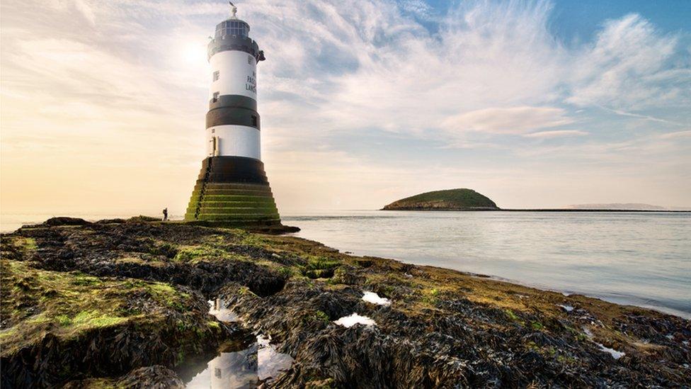 Fisherman by a lighthouse at Penmon, Anglesey, by Iwan Williams