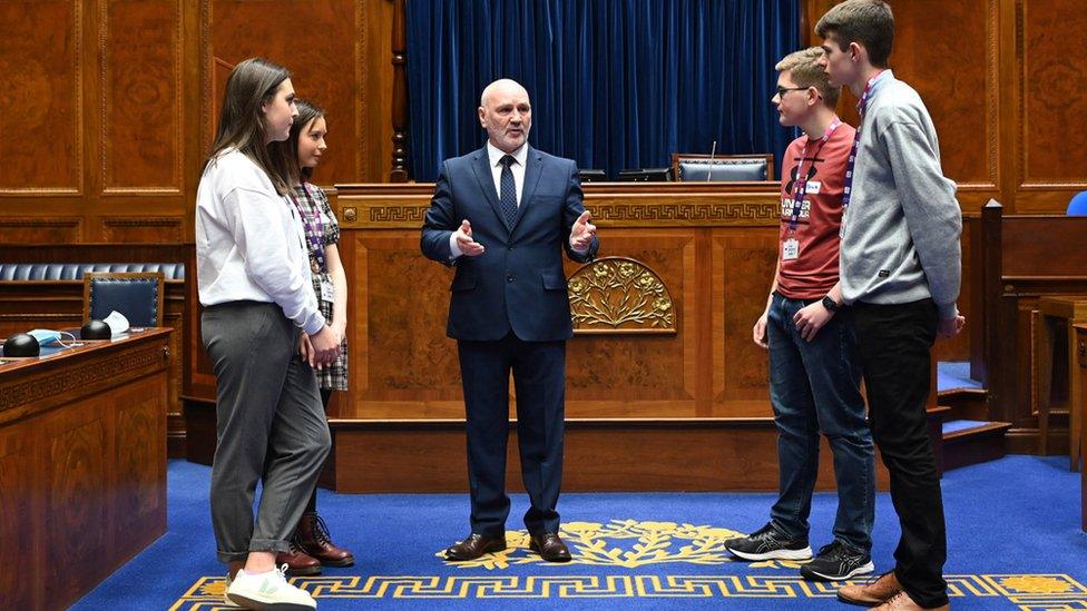 Alex Maskey speaks to Northern Ireland Youth Assembly members Penny Sheridan, Lauren Bond, Patrick Davis and John Kane