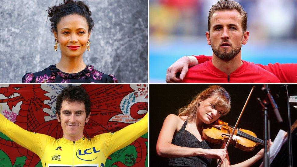 (Clockwise from top left): Thandie Newton, Harry Kane, Nicola Bendetti, Geraint Thomas