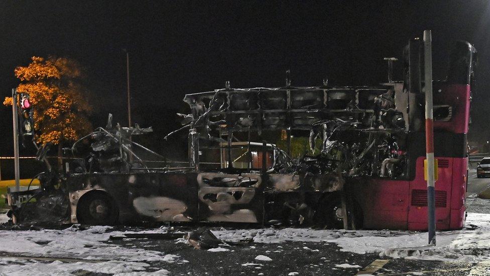 Burnt wreckage of a Metro bus in Rathcoole