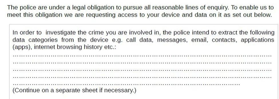 A screenshot of part of a consent form for 'digital device extraction', provided by the National Police Chiefs Council