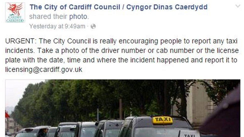 Cardiff council Facebook post asking people to report taxi incidents