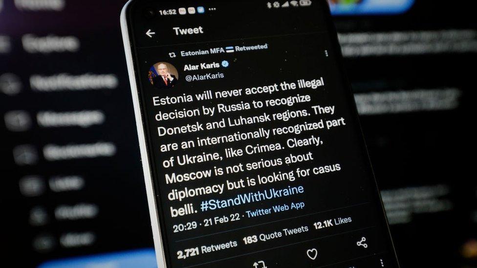 The official Twitter account of the President of Estonia, Alar Karis is seen reacting to the recognition of the recognition of the occupied territories in Donbas, Ukraine by Russia after a meeetin by president Vladimir Putin with his security council