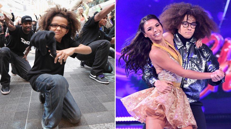 Perri pictured in 2009 with Diversity, and in 2019 at the Dancing on Ice launch