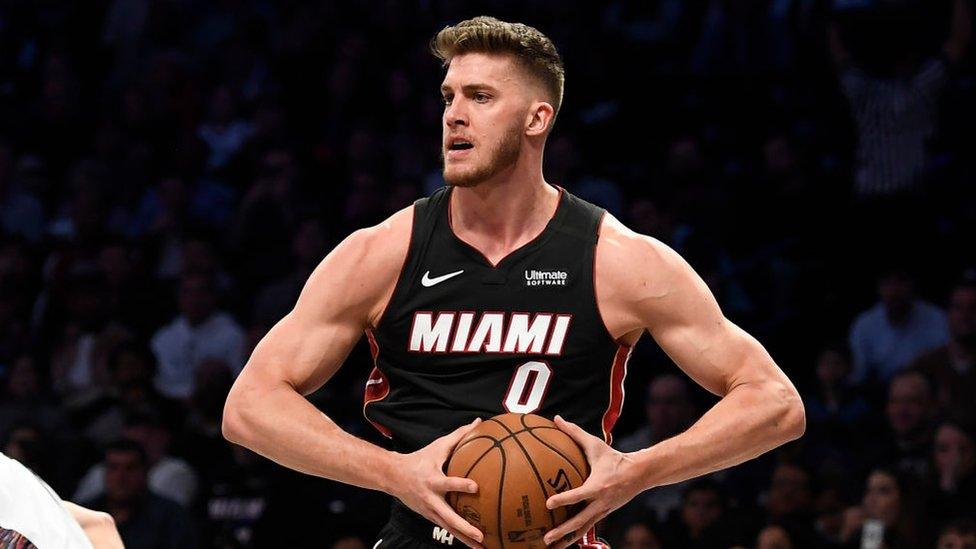 Meyers Leonard looks to pass during the first half of the game against the Brooklyn Nets at Barclays Center in January