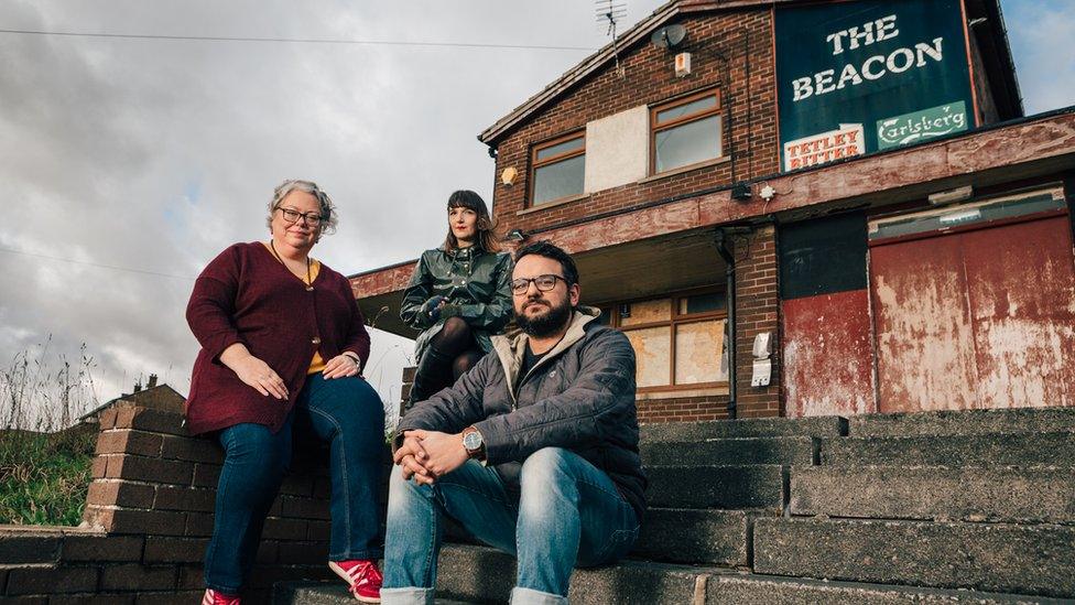 Left-right: Playwright Lisa Holdsworth, author Adelle Stripe and director Kash Arshad outside Andrea Dunbar's local pub