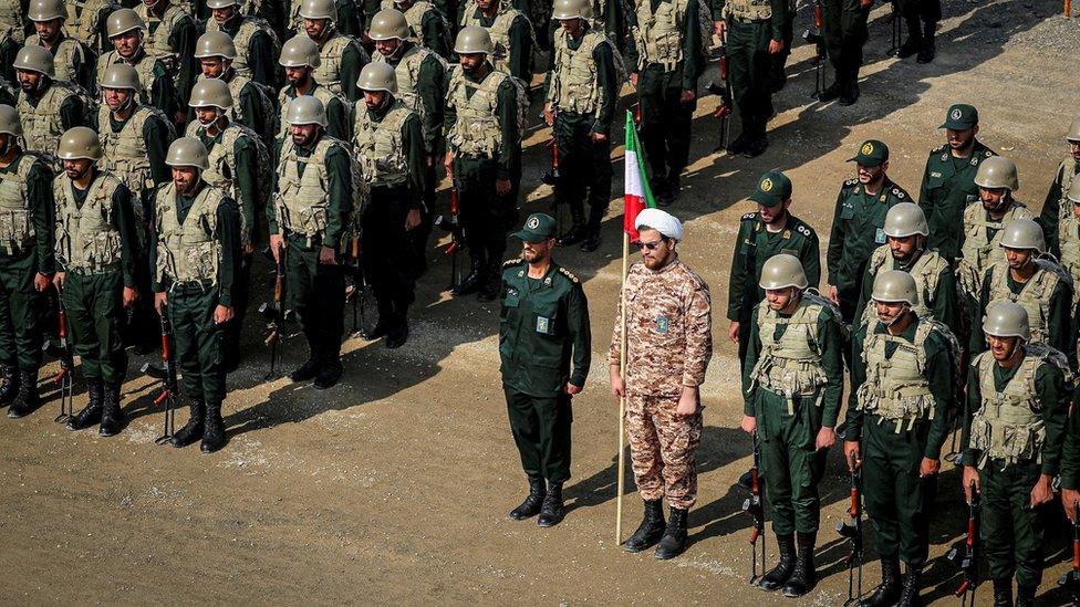 Members of the Islamic Revolutionary Guard Corps take part in a military drill