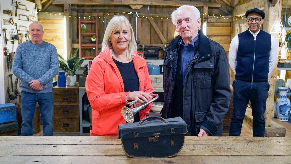 Hazel and John pictured with her mother's cornet on the BBC's Repair Shop