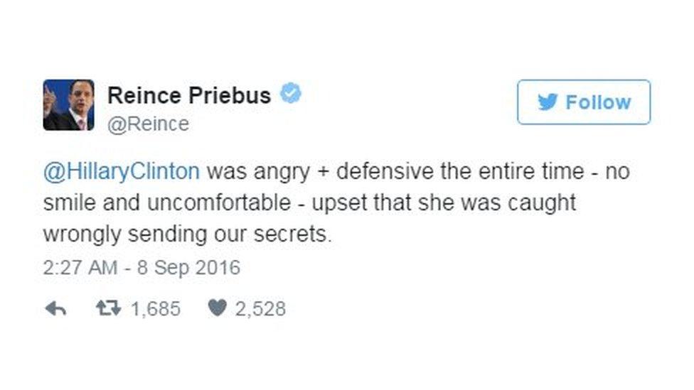 Reince Priebus tweeted Hillary Clinton was "was angry + defensive the entire time - no smile and uncomfortable - upset that she was caught wrongly sending our secrets."