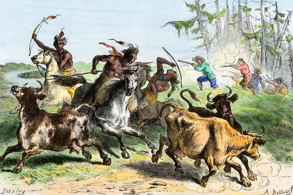 An engraving showing Native Americans driving off settlers' cattle in South Carolina