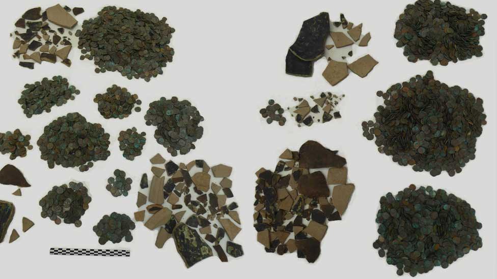 Roman coin hoard and broken pottery verssels, Huntingdon, found 2018