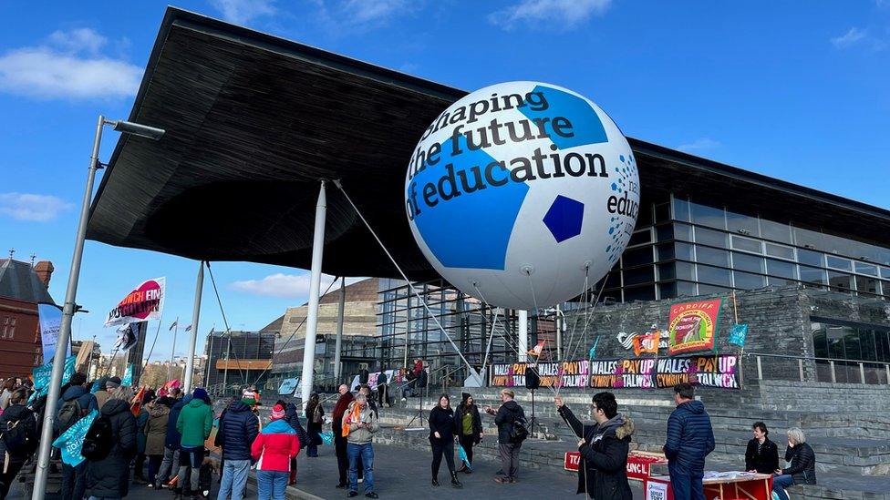 Striking teachers outside Senedd in Cardiff