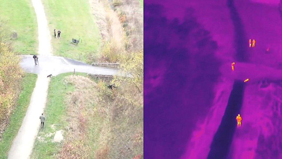 Images taken from a drone: normal (left) and with thermal imaging technology (right).