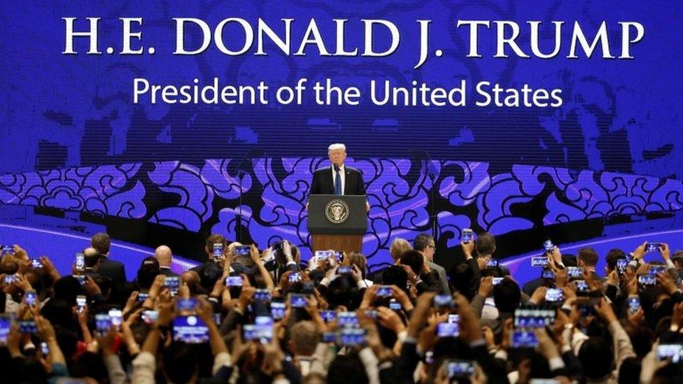 US President Donald Trump speaks on the final day of the APEC CEO Summit ahead of the Asia-Pacific Economic Cooperation (APEC) leaders summit in Danang, Vietnam, on 10 November 2017.