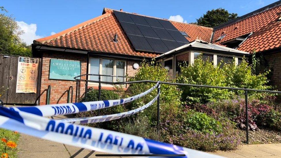 Police tape after a fire at Ampleforth and Hovingham Surgery