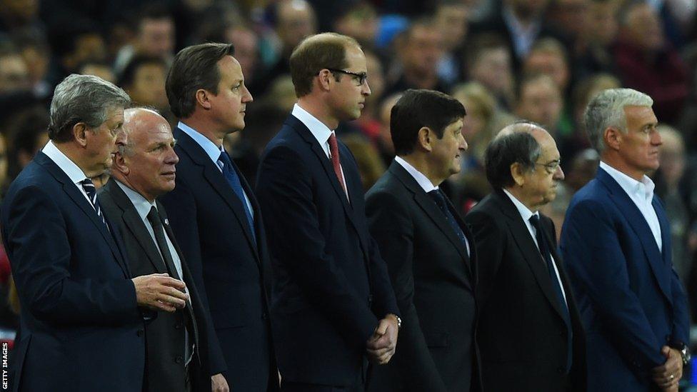 England manager Roy Hodgson, the Football Association chairman Greg Dyke, British Prime Minister David Cameron, Prince William, the Duke of Cambridge and France manager Didier Deschamps