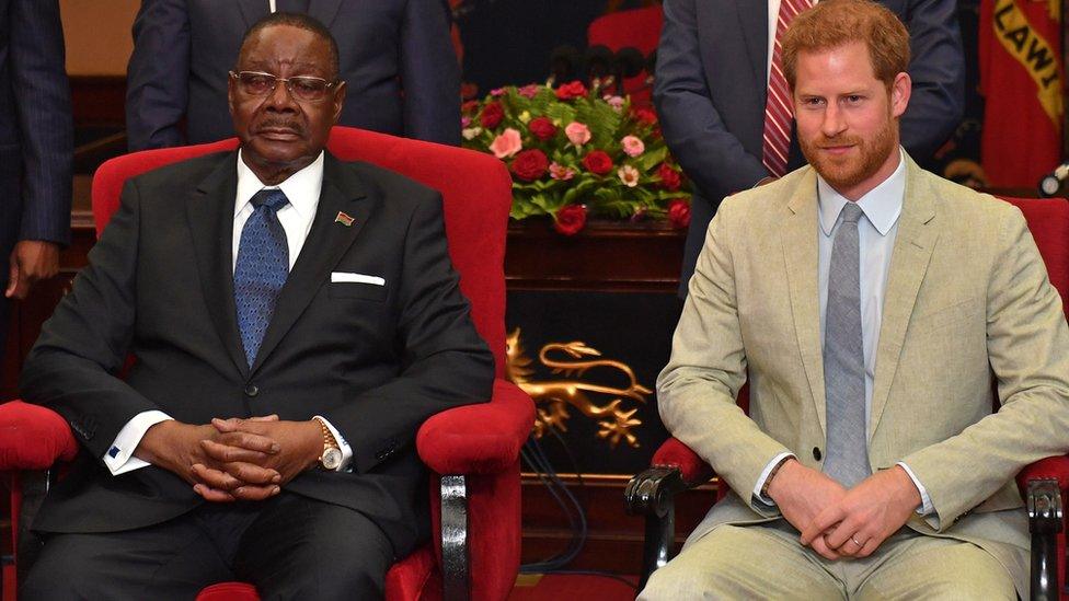 the Duke of Sussex (R) meets with Malawi's President Arthur Peter Mutharika (L) at the State House in Lilongwe, Malawi, 29 September 2019.