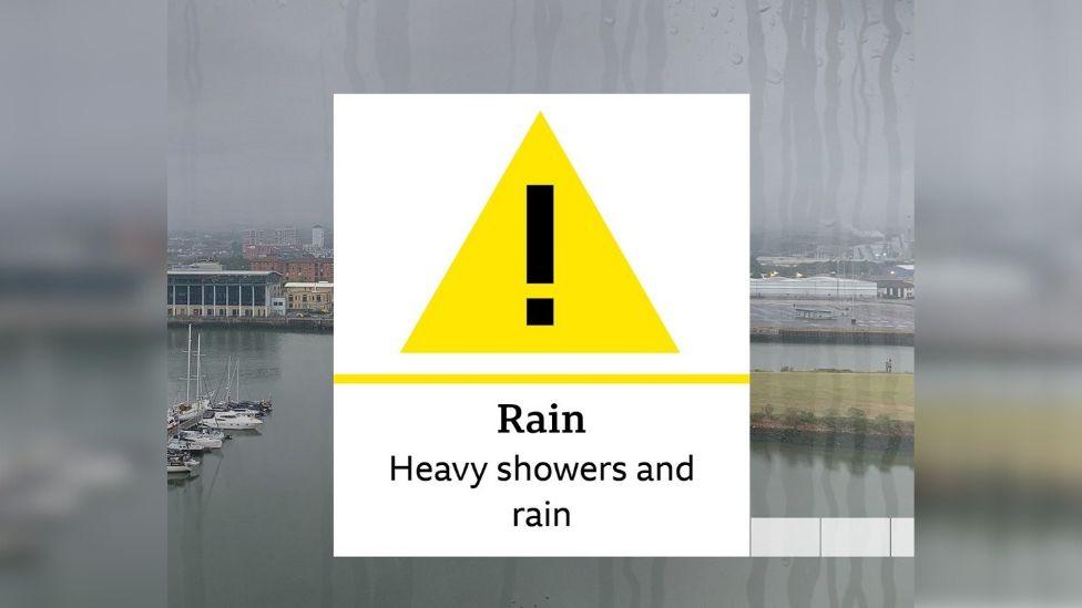 Weather graphic of yellow warning for rain and heavy showers