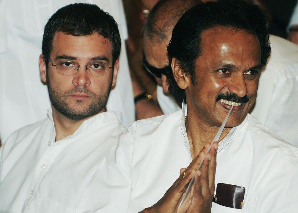 Congress Party General Secretary Rahul Gandhi and M K Stalin, the son of Tamil Nadu state Chief Minister and Dravida Munnetra Kazagham (DMK) party leader M. Karunanidhi, attend the swearing-in ceremony at the presidential palace in New Delhi on May 28, 2009.