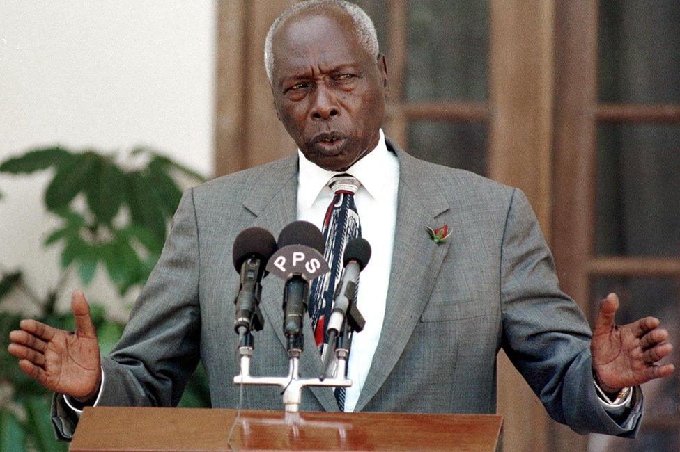 In this file photo taken on February 03, 2000 Kenya"s President Daniel Arap Moi addresses the press in State House in Nairobi