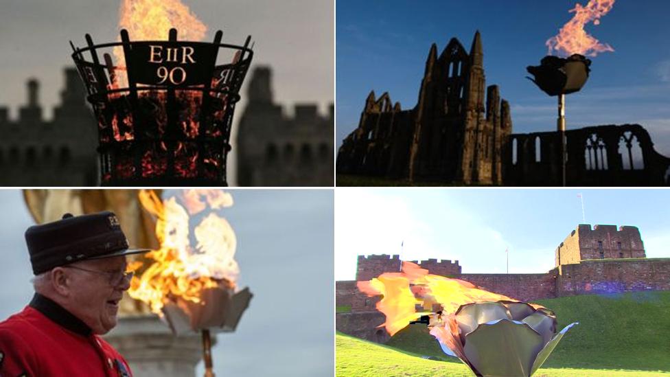 (Clockwise from top left: Beacons at Windsor, Whitby Abbey, Carlisle Castle, and the Royal Hospital Chelsea)