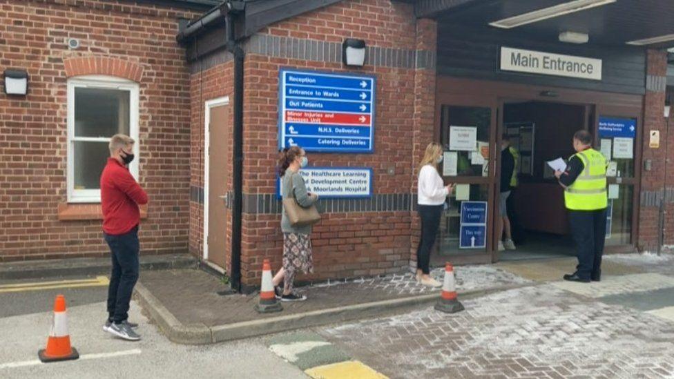 People queuing for vaccinations at Moorlands Hospital on Monday