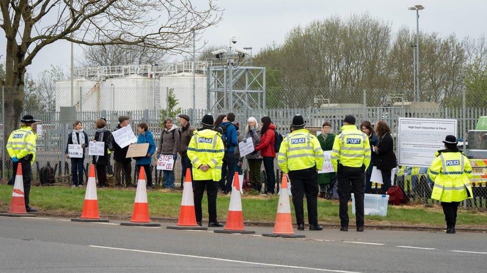 Protesters outside the Kingsbury Oil Terminal