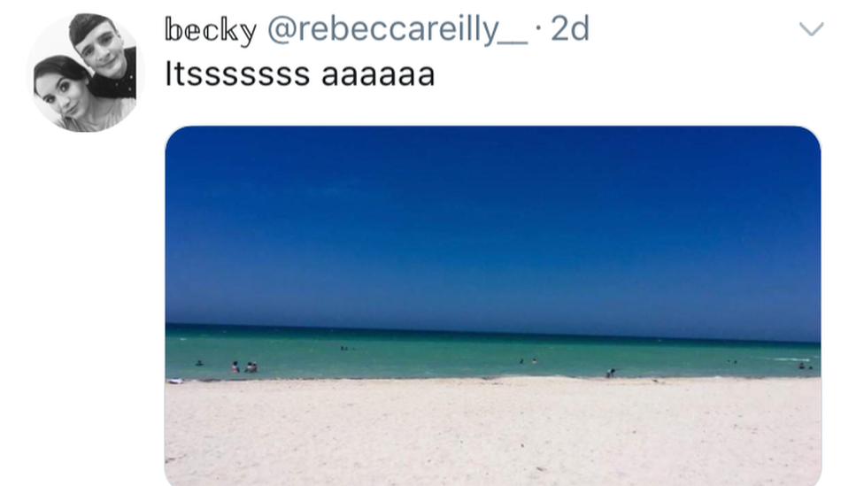 Screengrab from Twitter where Becky reveals it's actually a beach