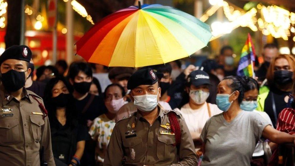 Thai police watch as activists rally in Bangkok, Thailand. Photo: 25 July 2020