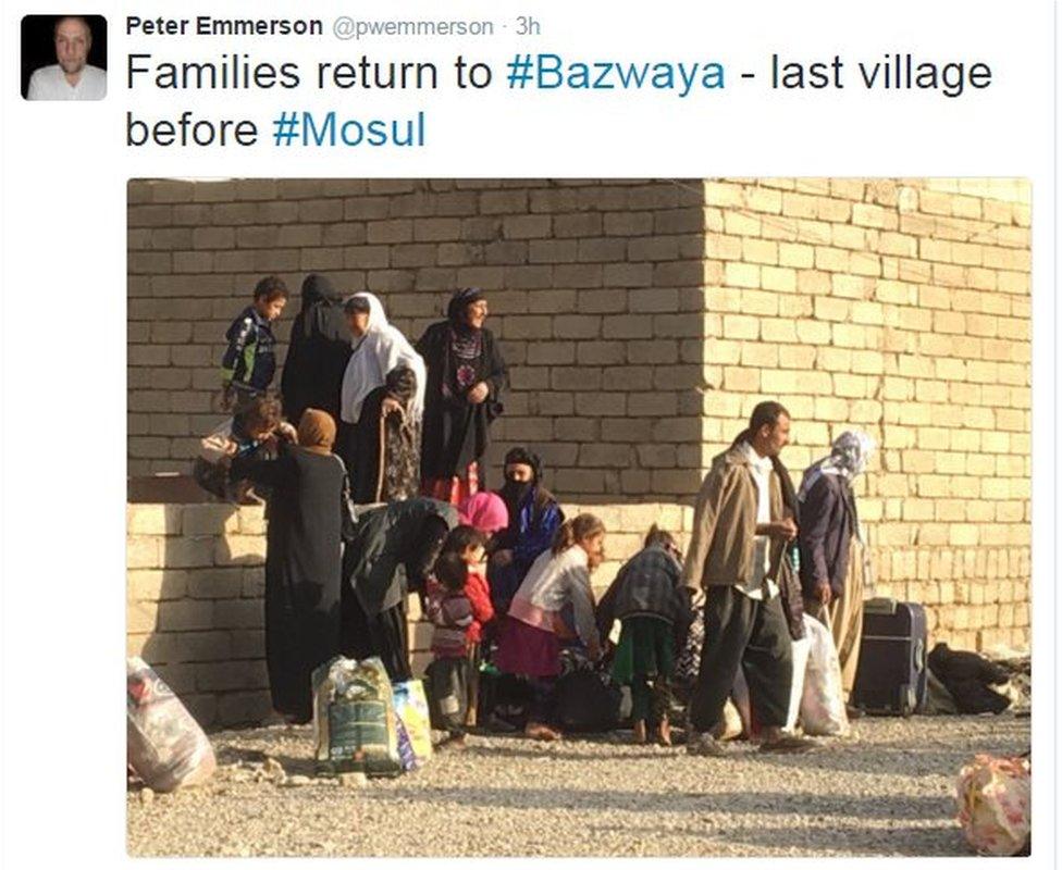 Tweet from Peter Emmerson reads: Families return to Bazwaya, last village before Mosul