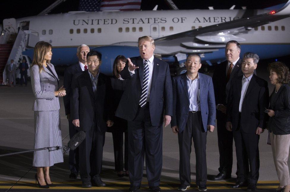 Mrs Trump (left) was last seen welcoming home former US prisoners from North Korea