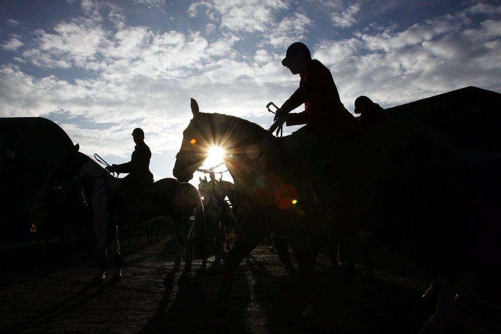 Huntsmen take part in the Belvoir Hunt on December 7, 2004 in Grantham, England