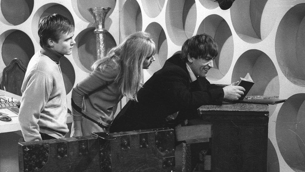 Michael Craze (Ben), Anneke Wills (Polly) and Patrick Troughton (The Doctor) filming The Power of the Daleks in 1966