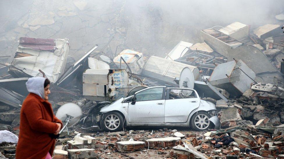 Rubble from buildings destroyed by earthquake near Gaziantep