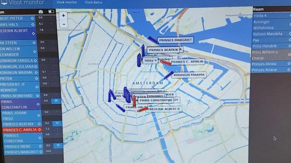 Map of boats on Amsterdam canals