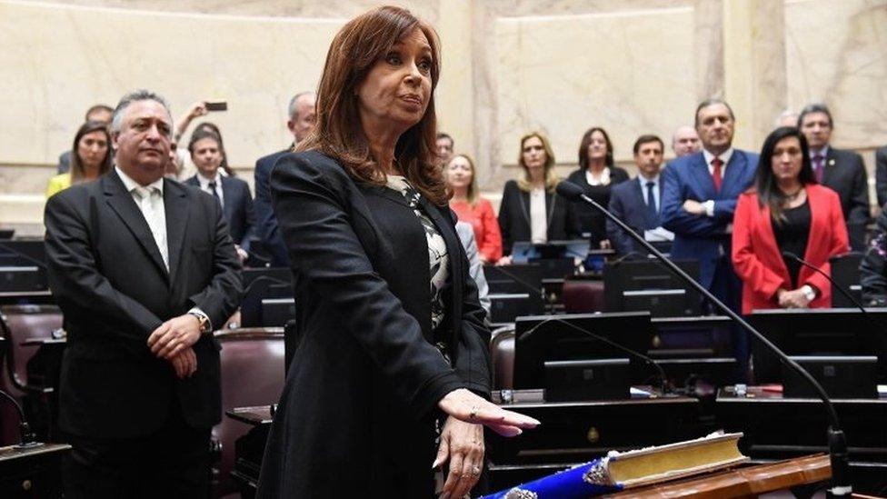 Handout picture released by Argentina's Senate press office showing Argentine former president and Buenos Aires senator Cristina Fernandez de Kirchner swearing-in for a new mandate as senator, at the Congress in Buenos Aires, on November 29, 2017.