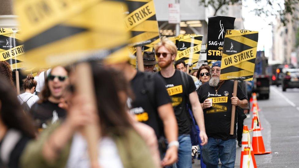 SAG-AFTRA members picketing in New York City