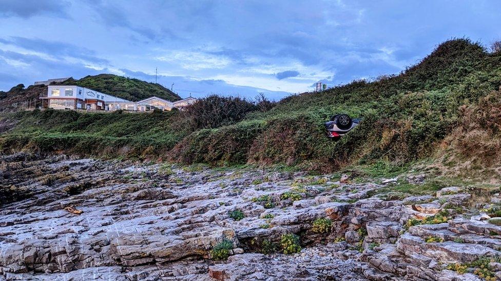 The car which fell over the cliff at Bracelet Bay.