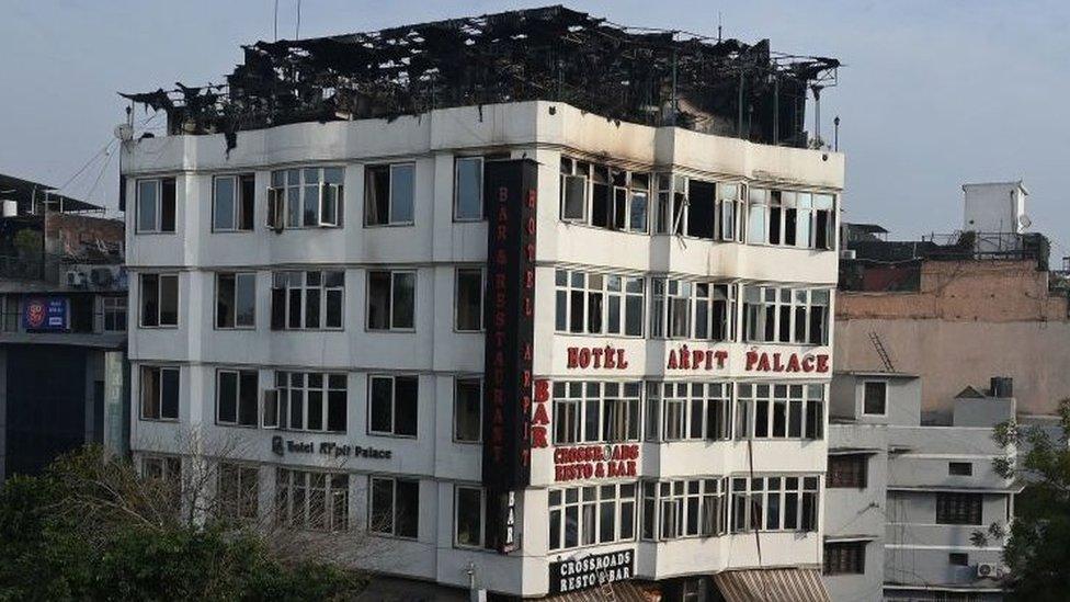 The Hotel Arpit Palace after a fire broke out on its premises in New Delhi on February 12, 2019.