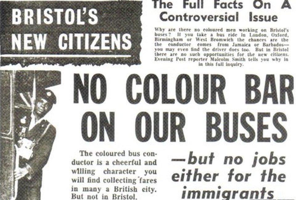 Newspaper headline reading: "No colour bar on the buses"