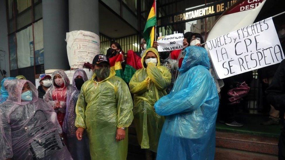 People protest for the disqualification of the former President Evo Morales' candidacy for a Senate position, in La Paz, Bolivia, 07 September 2020